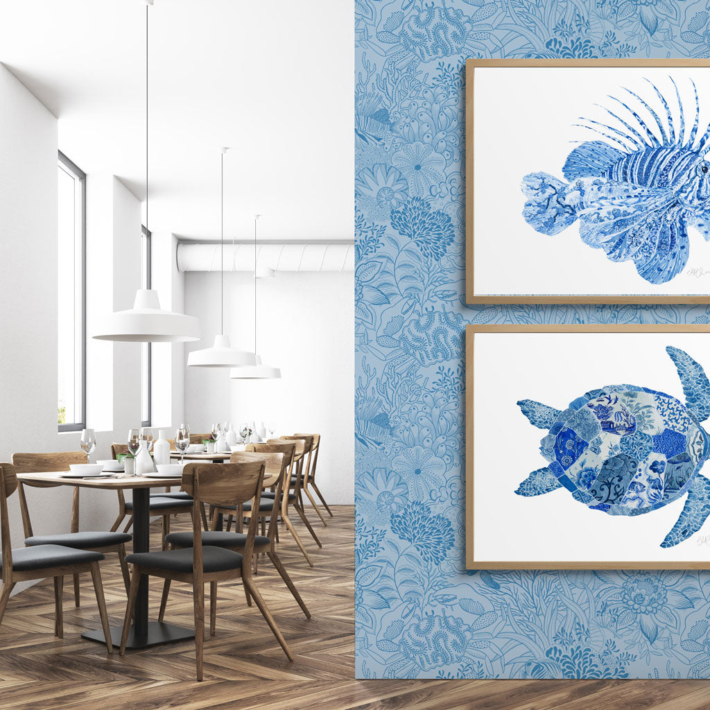 Framed Chinoiserie Lionfish and Turtle Art by Artist Chris Chun