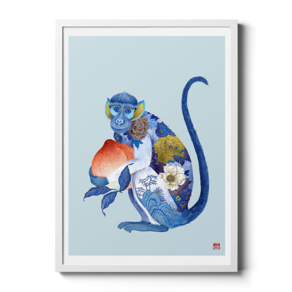 Chinese Zodiac Monkey Art Print by Chris Chun, featuring a blue and gold monkey holding a peach, symbolizing creativity and good fortune.