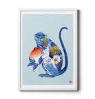 Chinese Zodiac Monkey Art Print by Chris Chun, featuring a blue and gold monkey holding a peach, symbolizing creativity and good fortune.