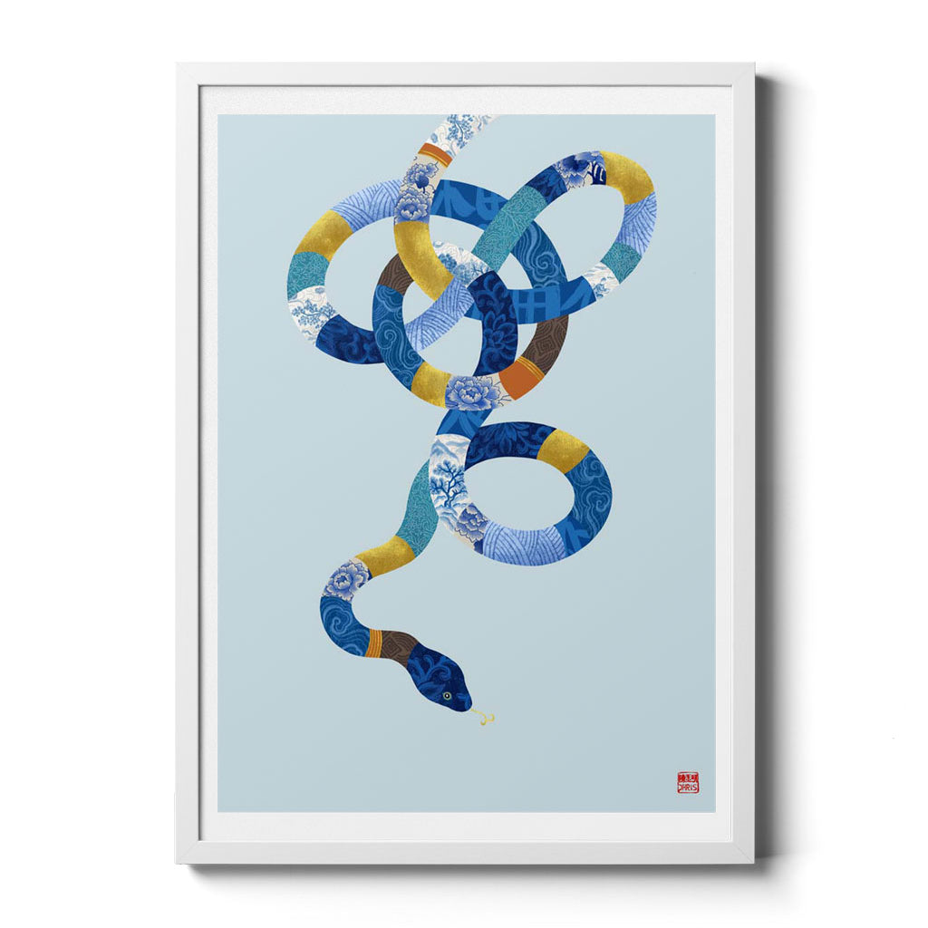 Chinese Zodiac Snake Art Print by Chris Chun, depicting a gracefully coiled snake adorned with blue and gold patterns, representing intelligence and grace.