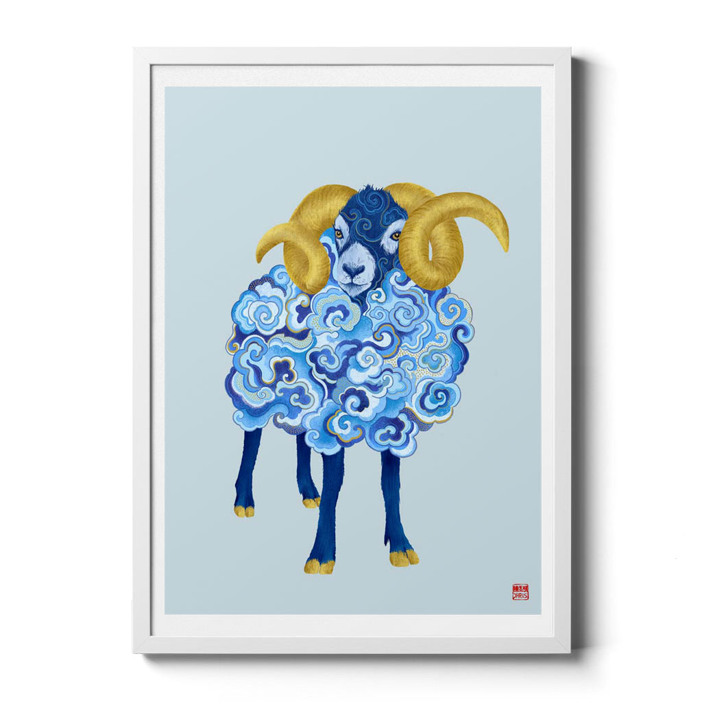 Chinese Zodiac Sheep Art Print by Chris Chun, with intricate blue and gold swirls, symbolizing nurturing energy, peace, and artistic spirit.