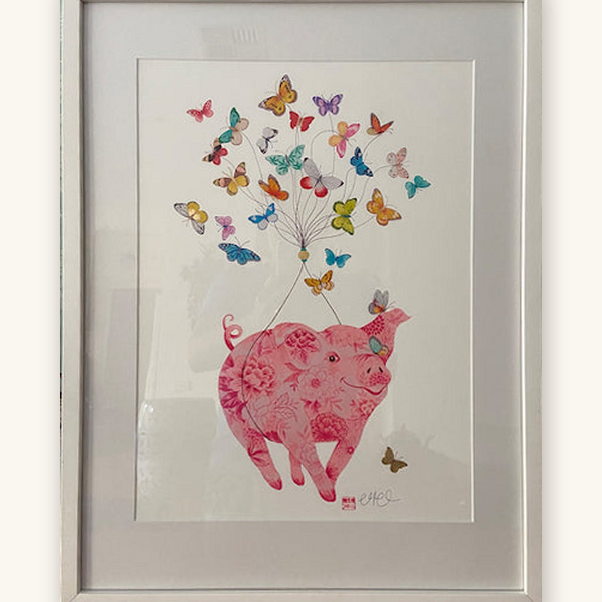 A3 Framed Happy Pig Special Edition, fine art print by Chris Chun, hand-finished in gold leaf