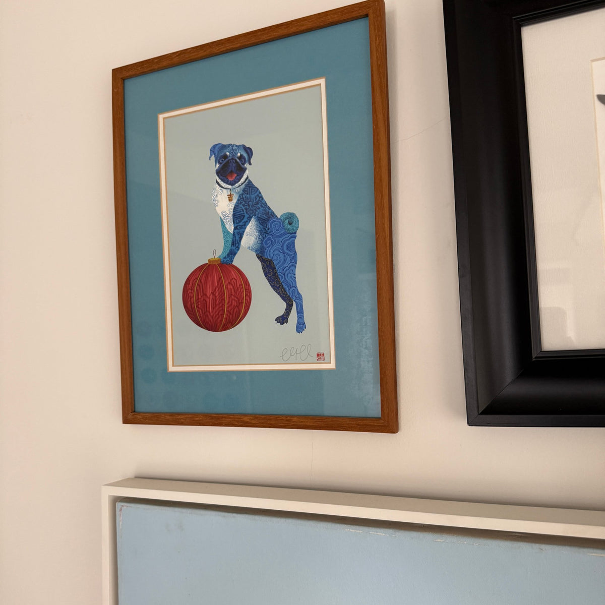 Chris Chun blue pug print with a red lantern, framed on a customer wall