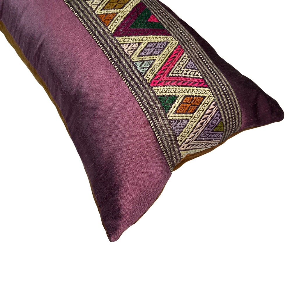 Plum Silk Pillow with Vintage Textile Panel