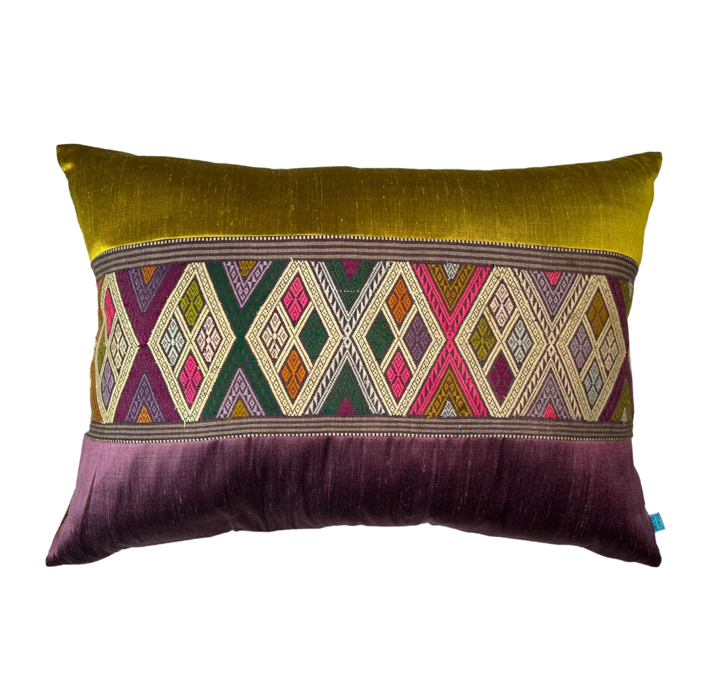 Thai Vintage Textile Lumbar Pillow with Silk Panelling