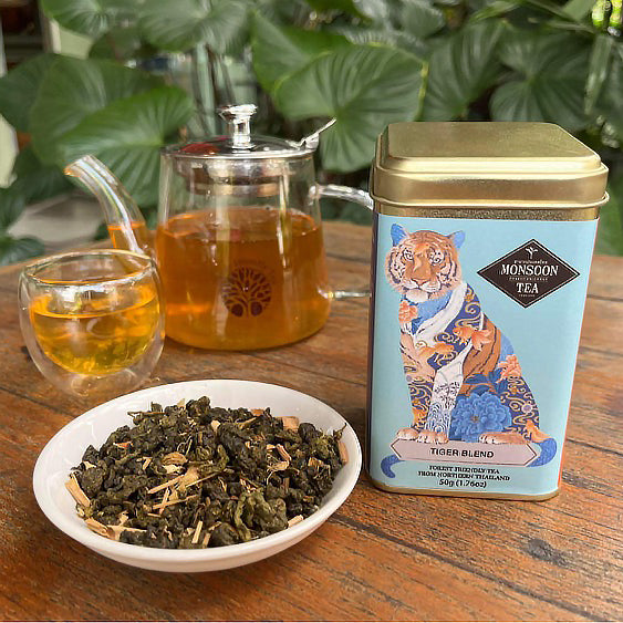 Chinese Zodiac 'Tiger' Oolong Tea Blend by Chris Chun and Monteaco, featuring lemongrass, ginger, and orange, crafted by Tea Master Kenneth Rimdahl.