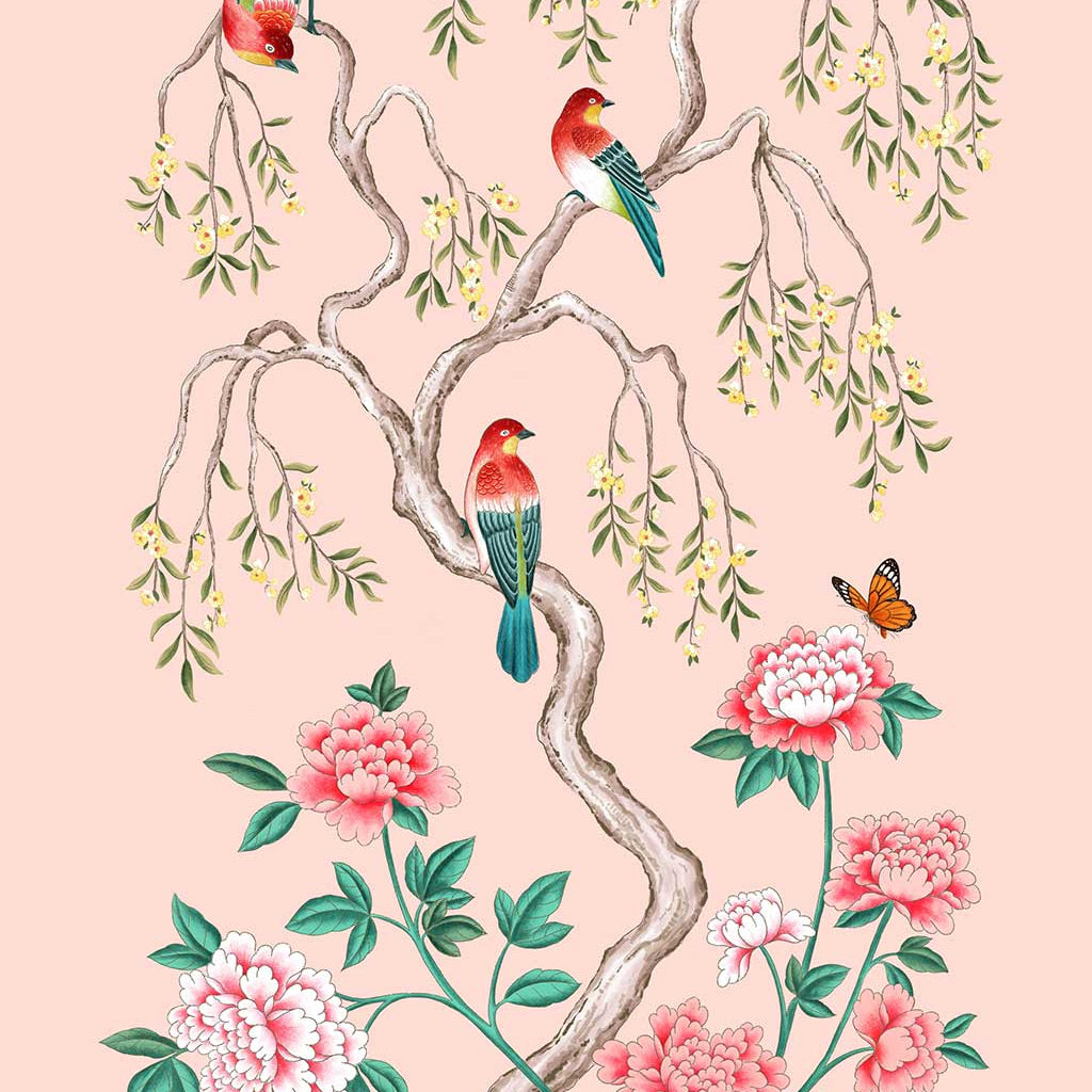 Pink Blossom - Chinoiserie inspired fine art print created by Artist and Textile Designer Chris Chun. Features Pink peony roses, birds and butterflies.