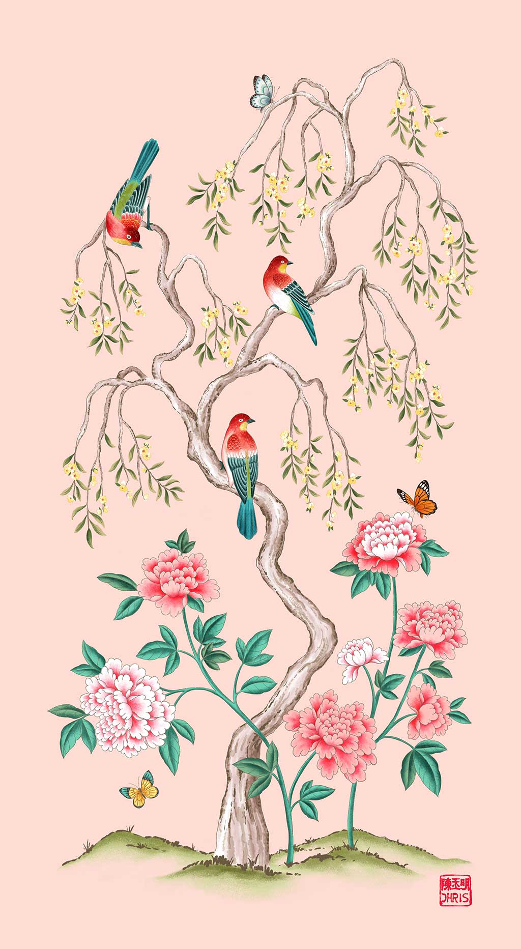 Pink Blossom - Chinoiserie inspired fine art print created by Artist and Textile Designer Chris Chun. Features Pink peony roses, birds and butterflies.