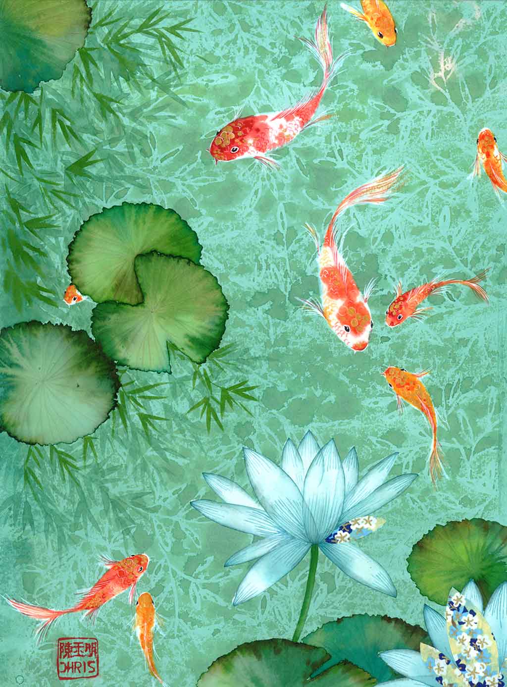 Koi Fish Fine Art Prints and Wall Decor by Australian Chinese Artist Chris Chun. Add beauty and positive feng shui to the home with Pool Of Long Life.