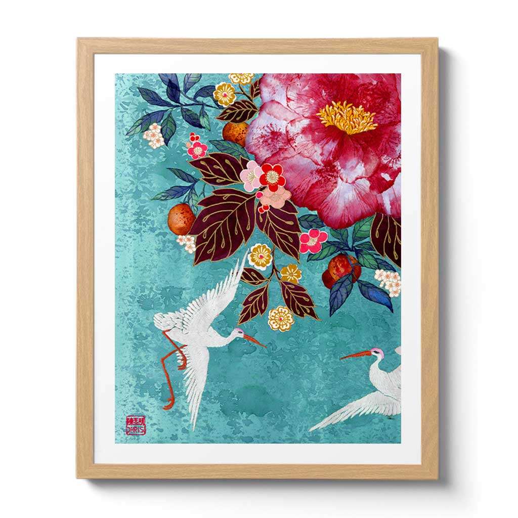 Contemporary Chinoiserie Artist Chris Chun combines his exquisite mixed media paintings with embroidery from antique textiles. Camellia Garden is from The Riches of Nature Collection.