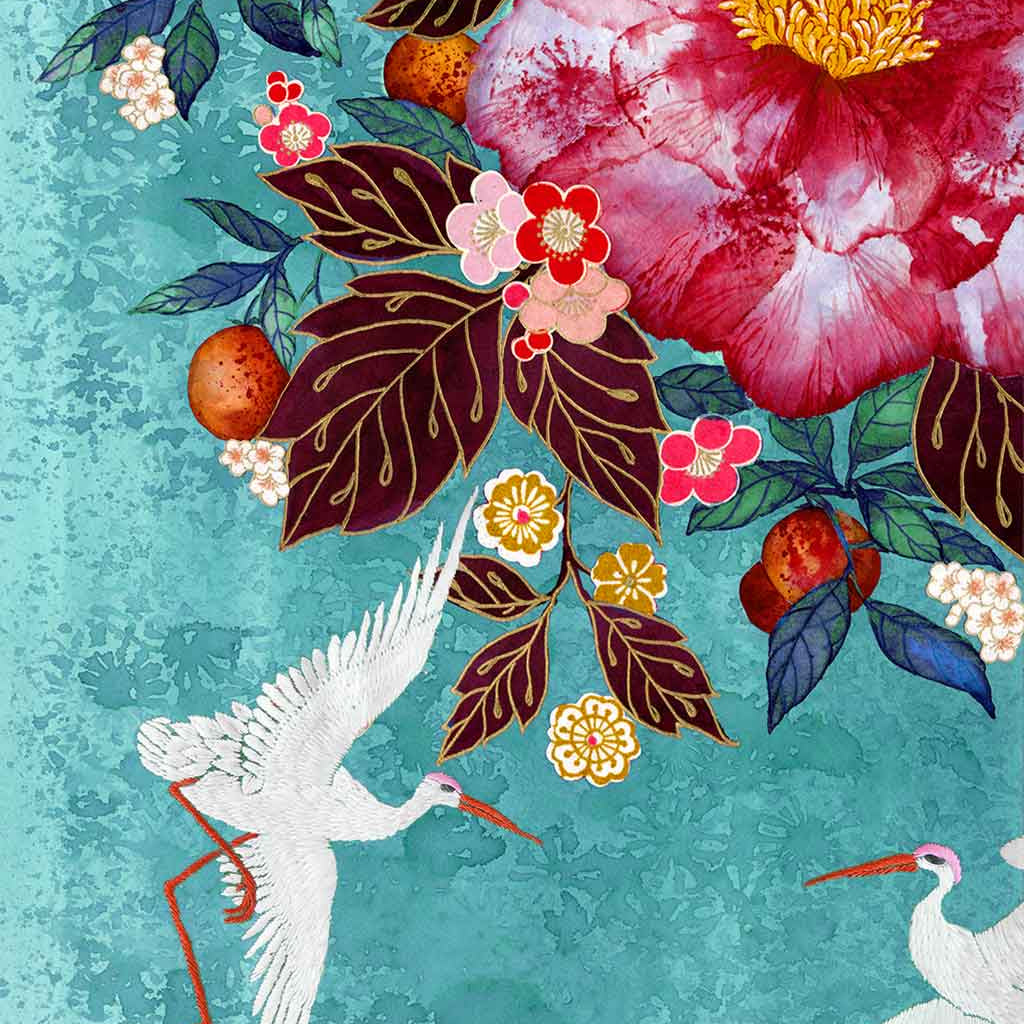 Contemporary Chinoiserie Artist Chris Chun combines his exquisite mixed media paintings with embroidery from antique textiles. Camellia Garden is from The Riches of Nature Collection.
