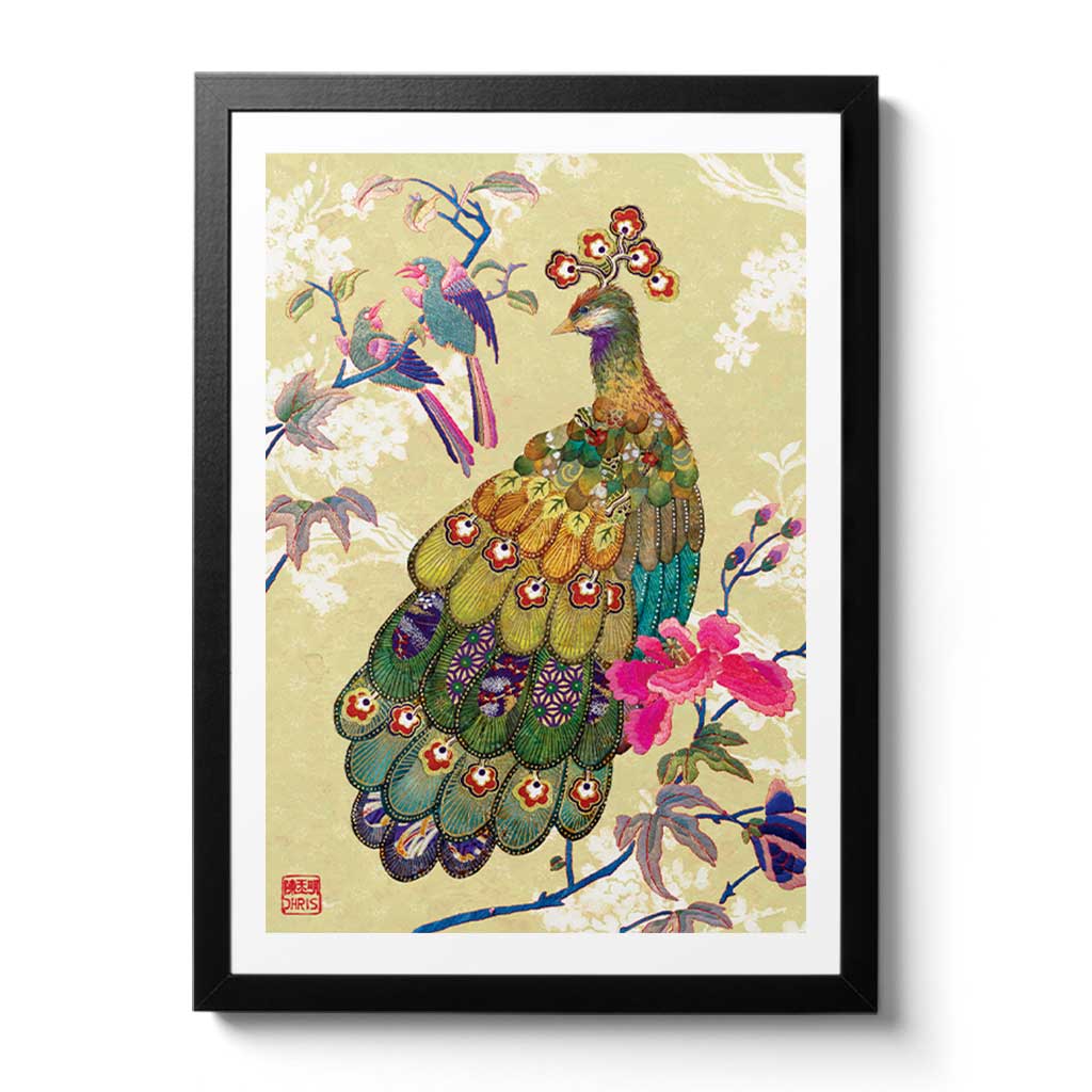 Contemporary Chinoiserie Artist Chris Chun combines his exquisite mixed media paintings with embroidery from antique textiles. Golden Peacock is from The Riches of Nature Collection.