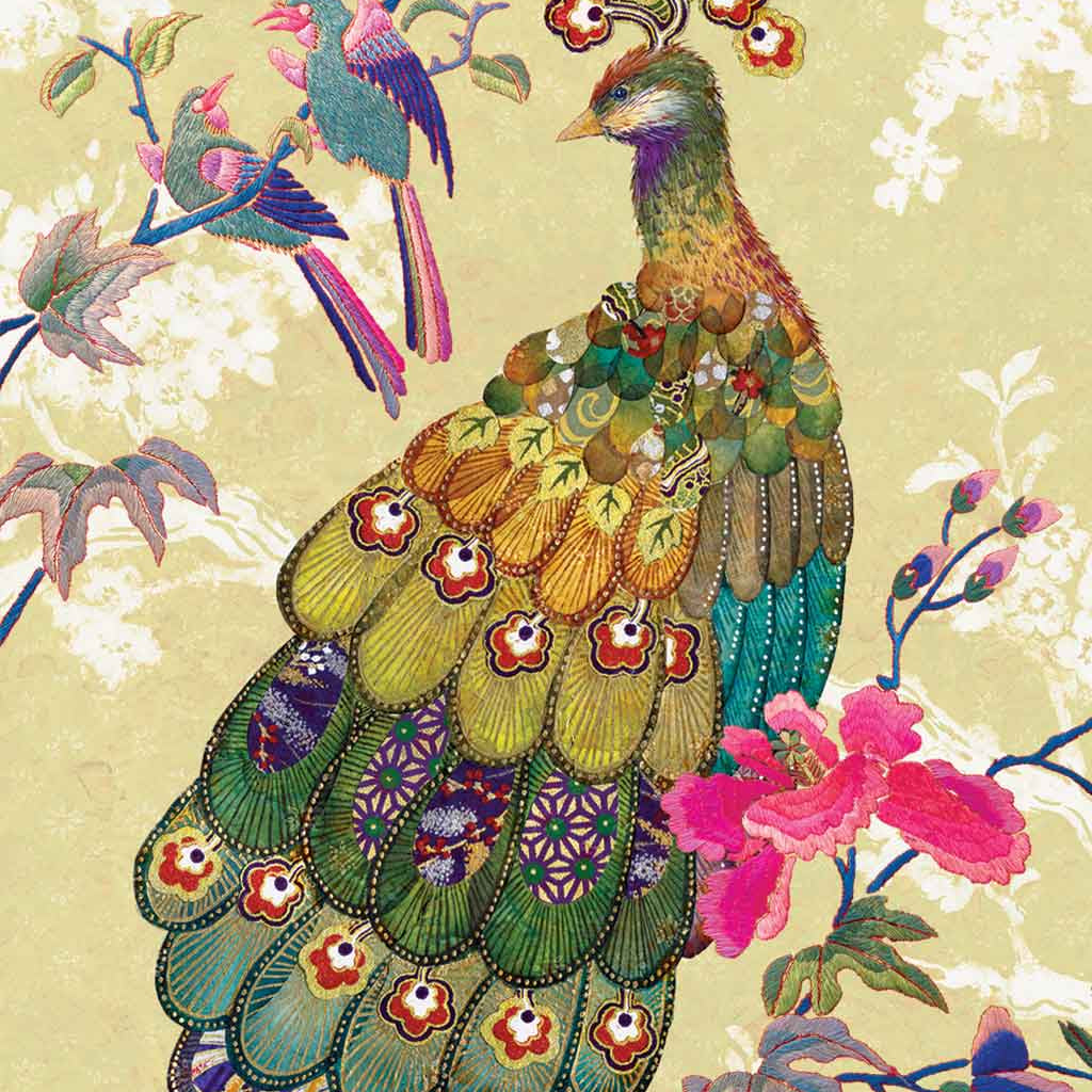 Contemporary Chinoiserie Artist Chris Chun combines his exquisite mixed media paintings with embroidery from antique textiles. Golden Peacock is from The Riches of Nature Collection.
