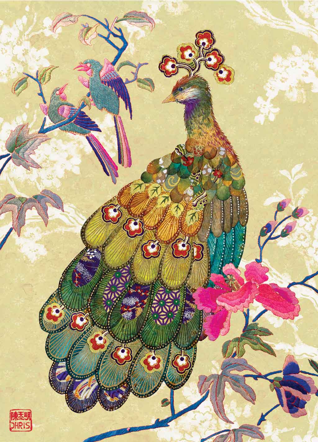 Contemporary Chinoiserie Artist Chris Chun combines his exquisite mixed media paintings with embroidery from antique textiles. Golden Peacock is from The Riches of Nature Collection.