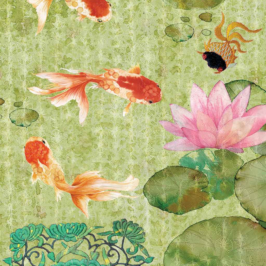 Contemporary Chinoiserie Artist Chris Chun combines his exquisite mixed media paintings with embroidery from antique textiles. Jade River is from The Riches of Nature Collection.