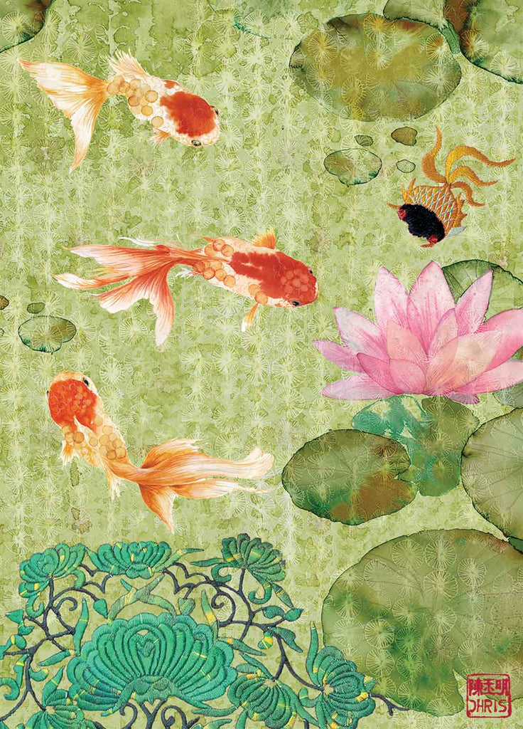 Contemporary Chinoiserie Artist Chris Chun combines his exquisite mixed media paintings with embroidery from antique textiles. Jade River is from The Riches of Nature Collection.