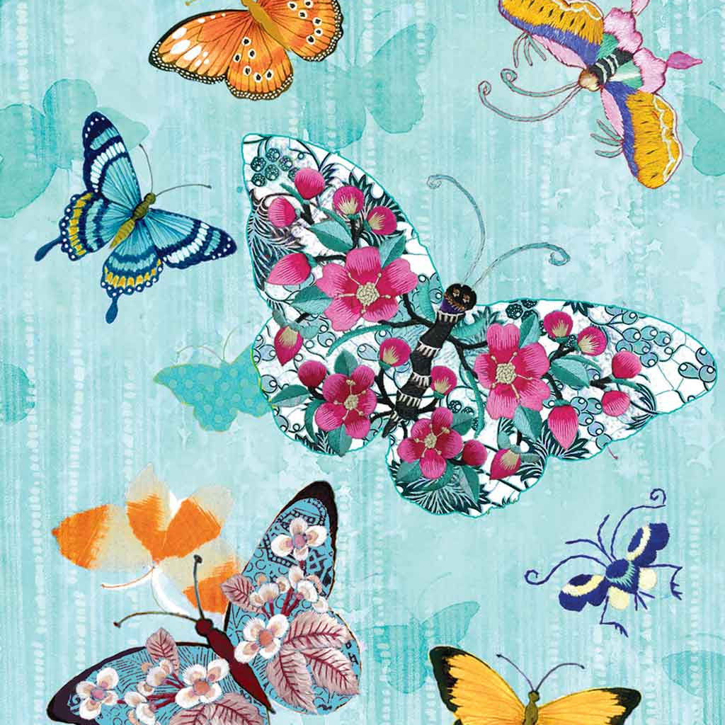 Contemporary Chinoiserie Artist Chris Chun combines his exquisite mixed media paintings with embroidery from antique textiles. Le Papillon is from The Riches of Nature Collection.