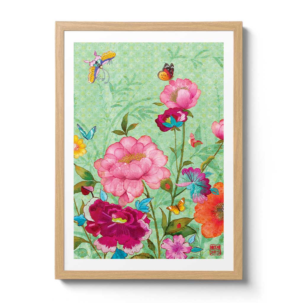 Contemporary Chinoiserie Artist Chris Chun combines his exquisite mixed media paintings with embroidery from antique textiles. Mandalay Gardens is from The Riches of Nature Collection.