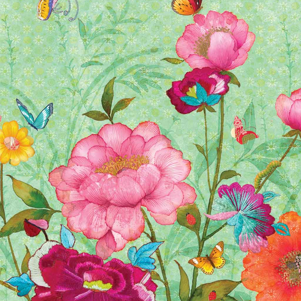 Contemporary Chinoiserie Artist Chris Chun combines his exquisite mixed media paintings with embroidery from antique textiles. Mandalay Gardens is from The Riches of Nature Collection.