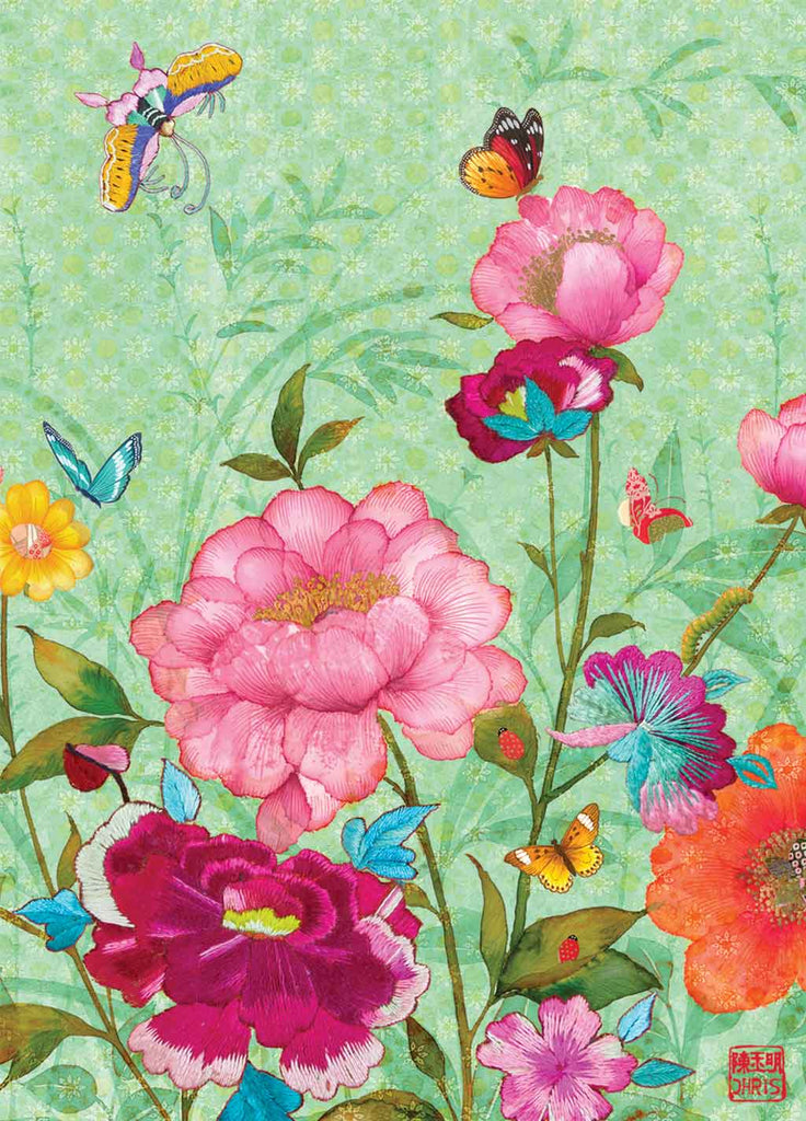 Contemporary Chinoiserie Artist Chris Chun combines his exquisite mixed media paintings with embroidery from antique textiles. Mandalay Gardens is from The Riches of Nature Collection.
