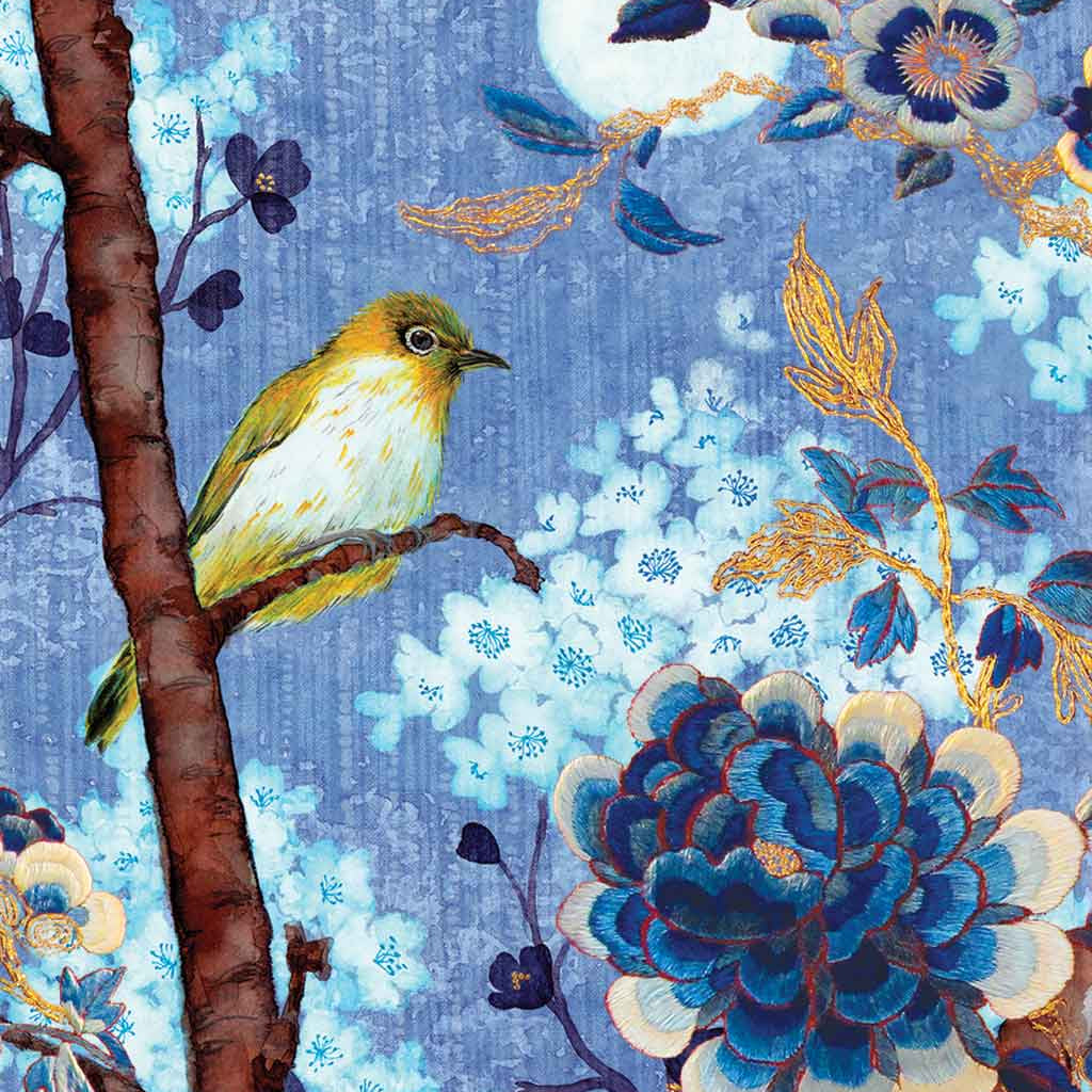 Contemporary Chinoiserie Artist Chris Chun combines his exquisite mixed media paintings with embroidery from antique textiles. Moonlight Bird is from The Riches of Nature Collection.