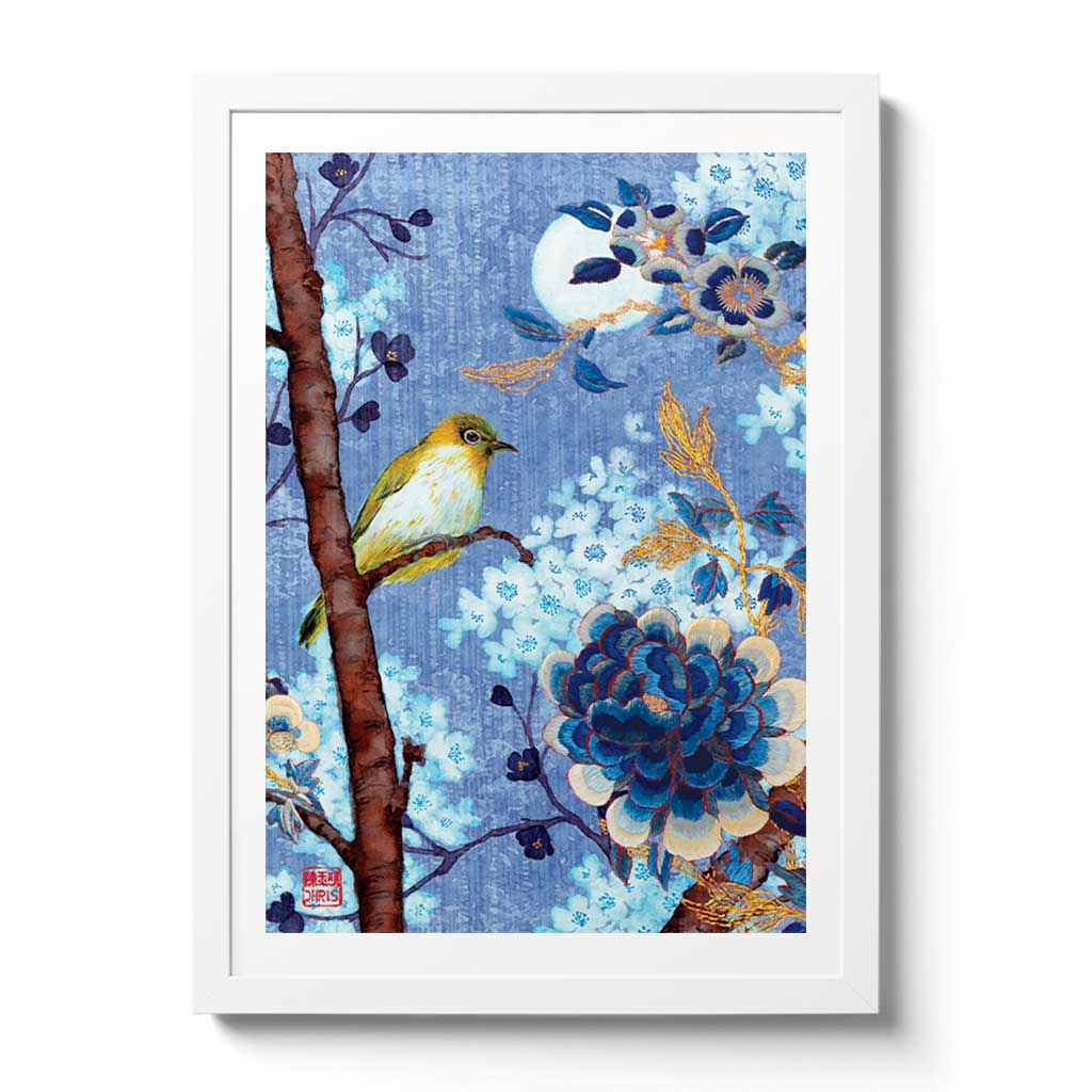 Contemporary Chinoiserie Artist Chris Chun combines his exquisite mixed media paintings with embroidery from antique textiles. Moonlight Bird is from The Riches of Nature Collection.
