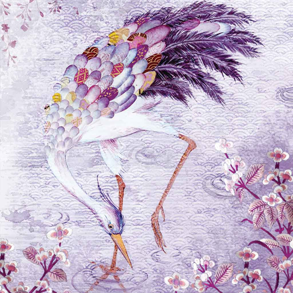 Contemporary Chinoiserie Artist Chris Chun combines his exquisite mixed media paintings with embroidery from antique textiles. Mr Crane is from The Riches of Nature Collection.