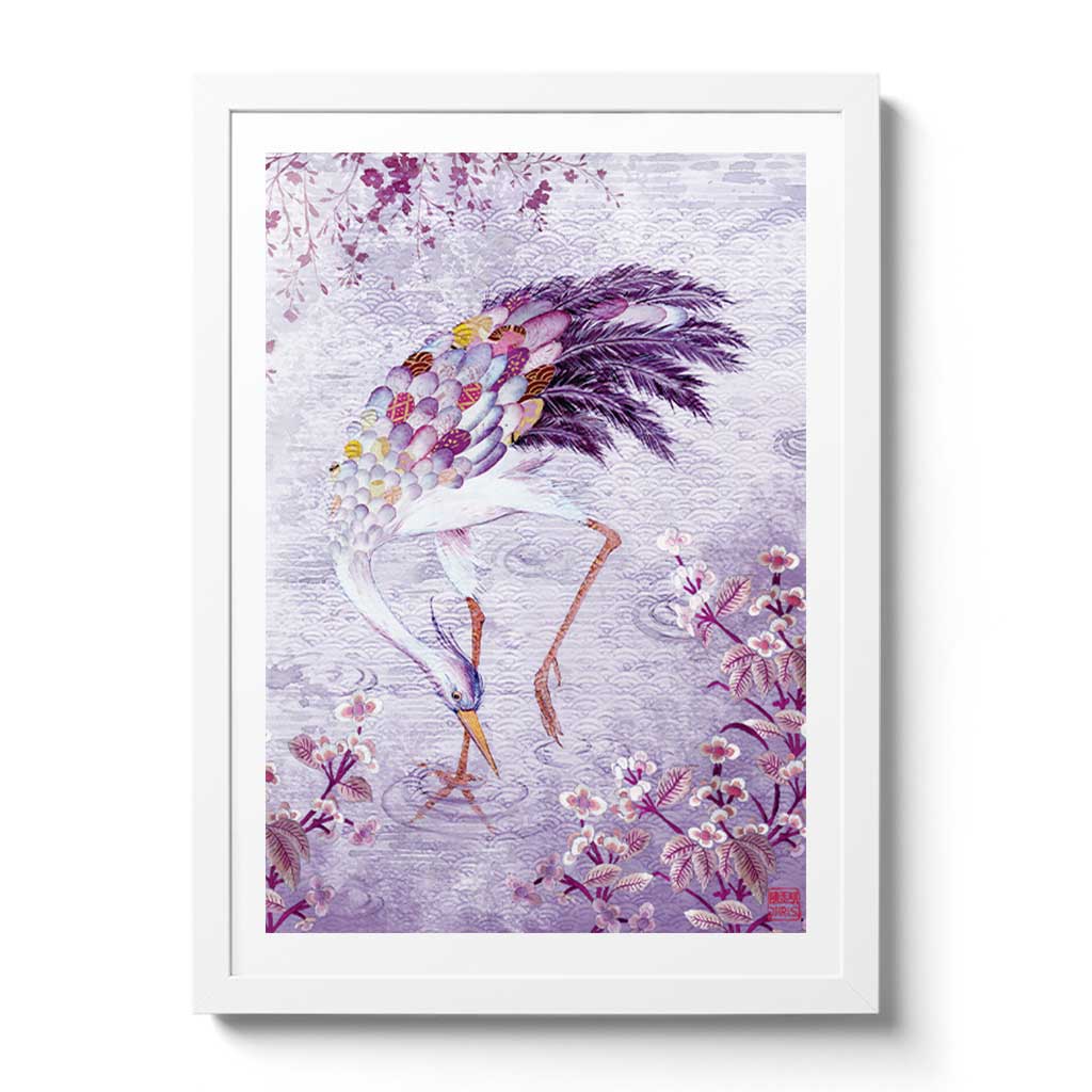 Contemporary Chinoiserie Artist Chris Chun combines his exquisite mixed media paintings with embroidery from antique textiles. Mr Crane is from The Riches of Nature Collection.