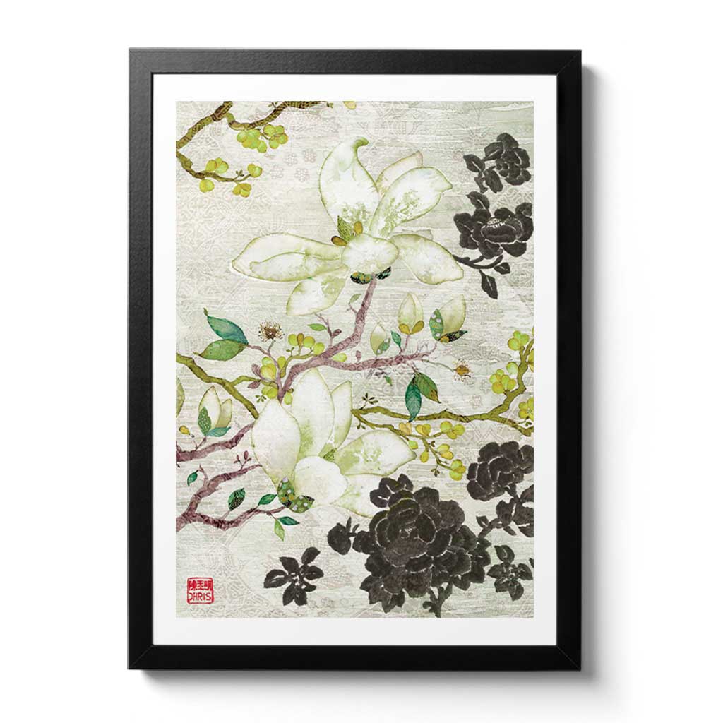 Contemporary Chinoiserie Artist Chris Chun combines his exquisite mixed media paintings with embroidery from antique textiles. Oriental Blossoms is from The Riches of Nature Collection.