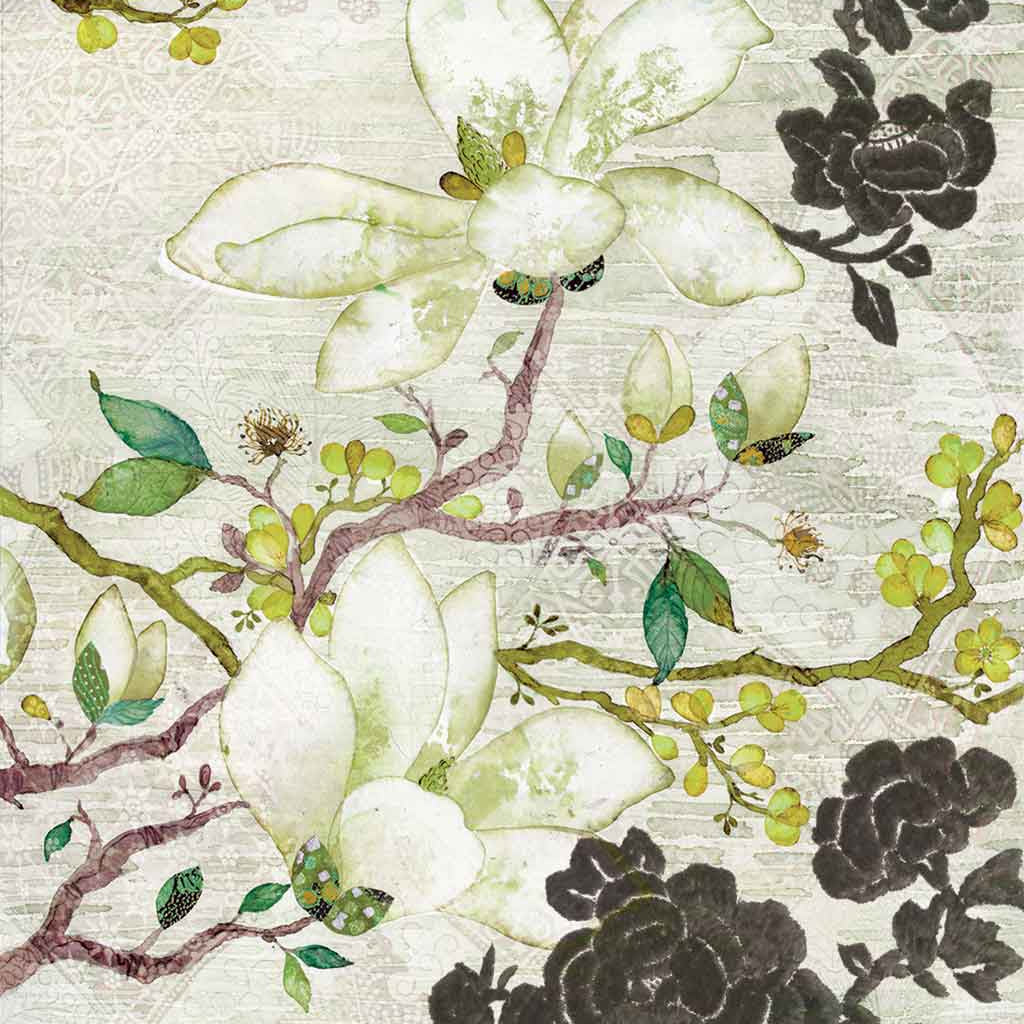 Contemporary Chinoiserie Artist Chris Chun combines his exquisite mixed media paintings with embroidery from antique textiles. Oriental Blossoms is from The Riches of Nature Collection.
