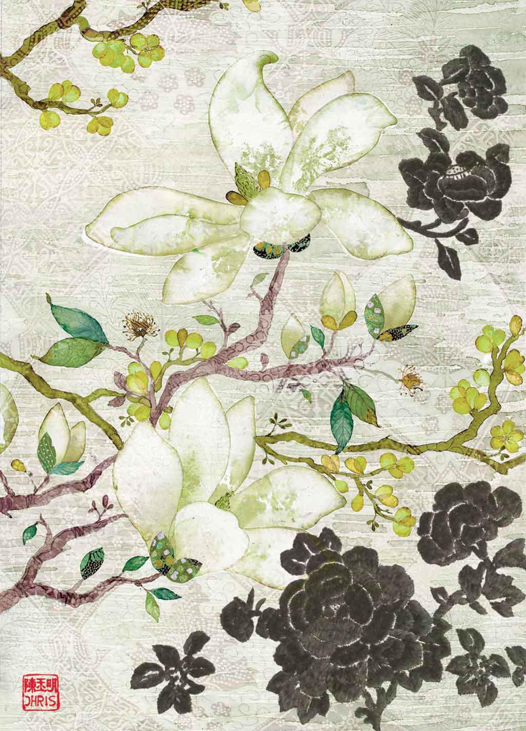 Contemporary Chinoiserie Artist Chris Chun combines his exquisite mixed media paintings with embroidery from antique textiles. Oriental Blossoms is from The Riches of Nature Collection.