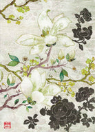 Contemporary Chinoiserie Artist Chris Chun combines his exquisite mixed media paintings with embroidery from antique textiles. Oriental Blossoms is from The Riches of Nature Collection.