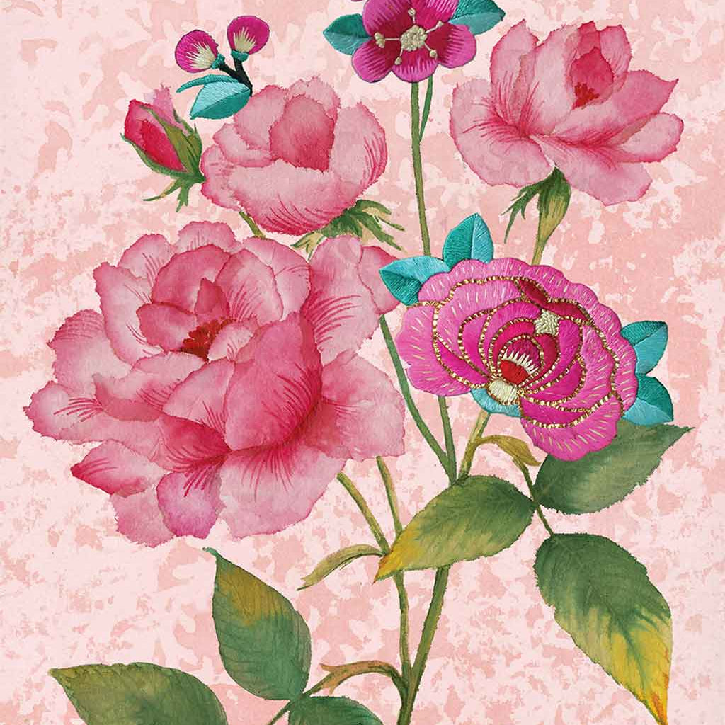 Contemporary Chinoiserie Artist Chris Chun combines his exquisite mixed media paintings with embroidery from antique textiles. Rose is from The Riches of Nature Collection.
