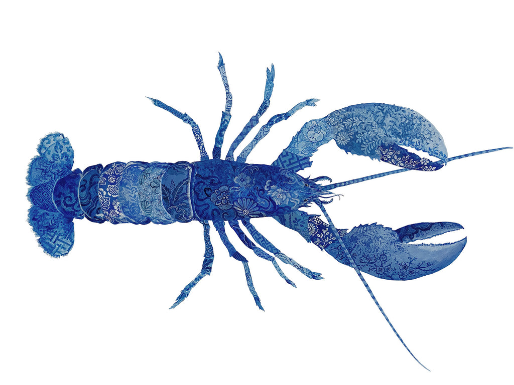 Blue Lobster Painting by Chris Chun. Acrylic on Paper. Blue and White Chinoiserie Art. Coastal Style.