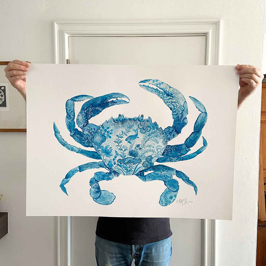 Crab Painting by Chris Chun. Acrylic on Paper. Blue and White Chinoiserie Art. Coastal Style.