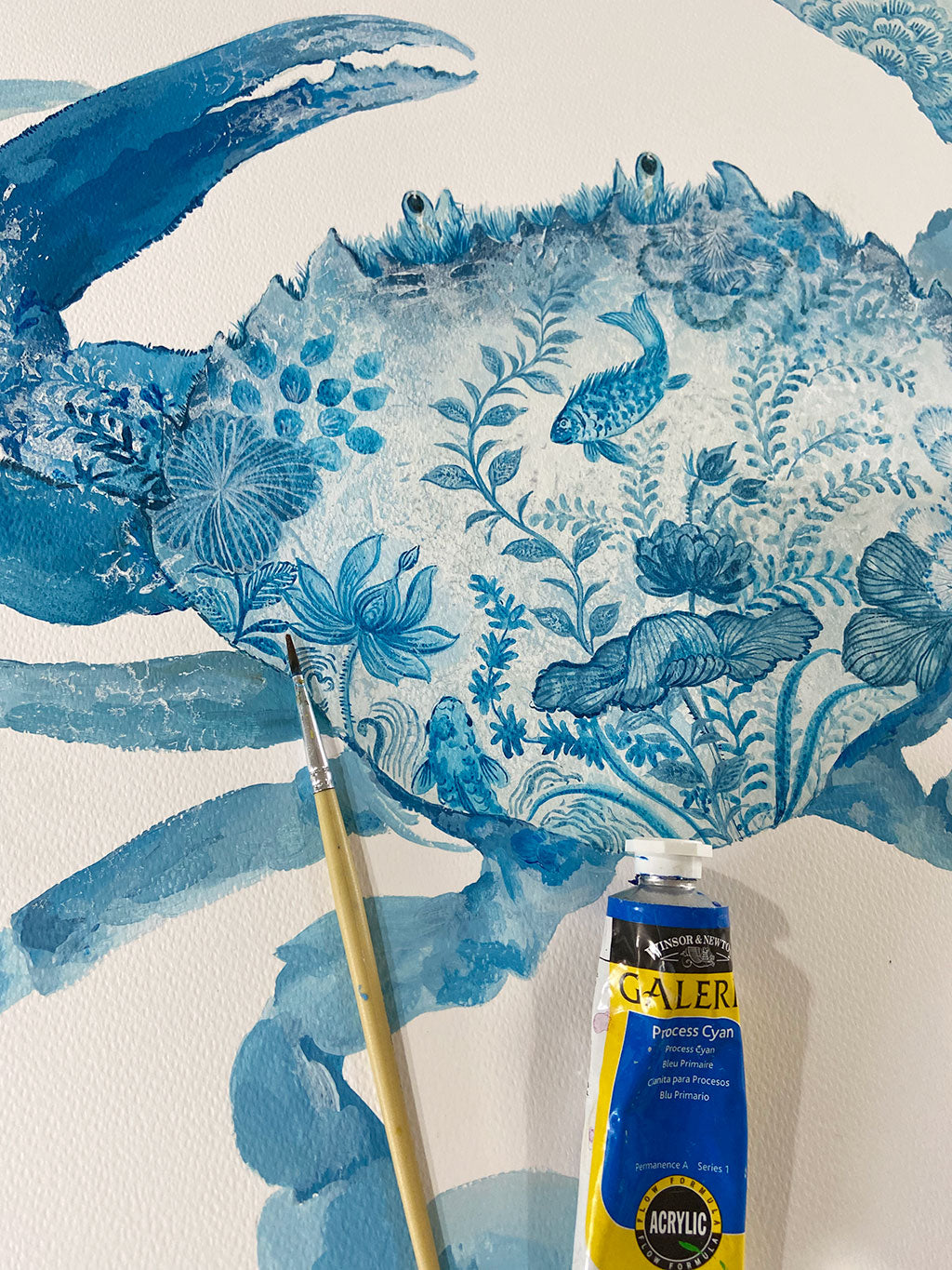 Crab Painting by Chris Chun. Acrylic on Paper. Blue and White Chinoiserie Art. Coastal Style.