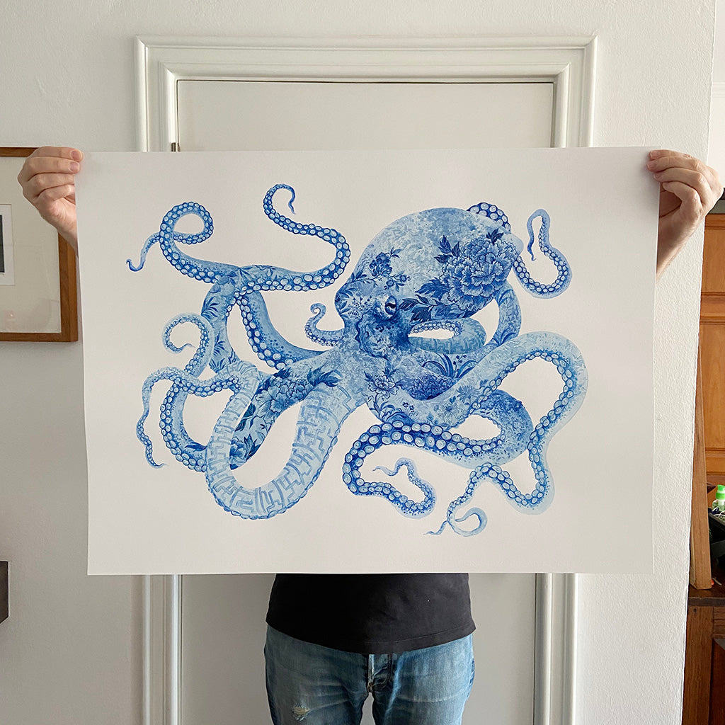 Octopus Painting by Chris Chun. Acrylic on Paper. Blue and White Chinoiserie Art. Coastal Style.