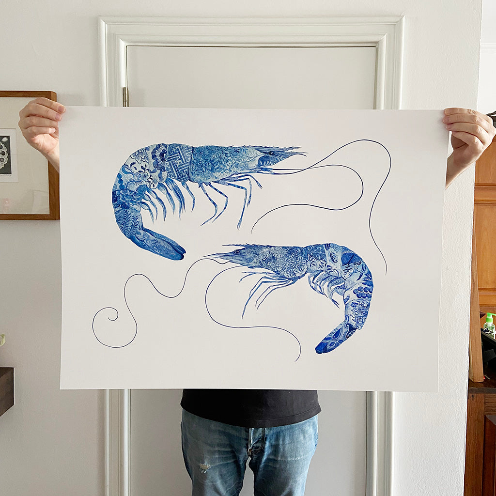Prawn Painting by Chris Chun. Acrylic on Paper. Blue and White Chinoiserie Art. Coastal Style.