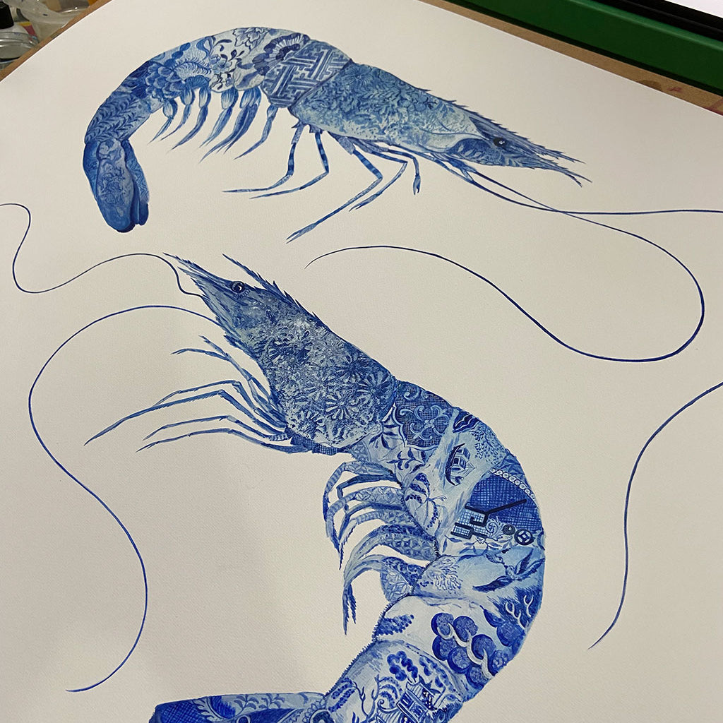 Prawn Painting by Chris Chun. Acrylic on Paper. Blue and White Chinoiserie Art. Coastal Style.