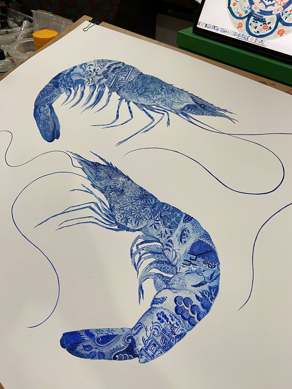 Prawn Painting by Chris Chun. Acrylic on Paper. Blue and White Chinoiserie Art. Coastal Style.