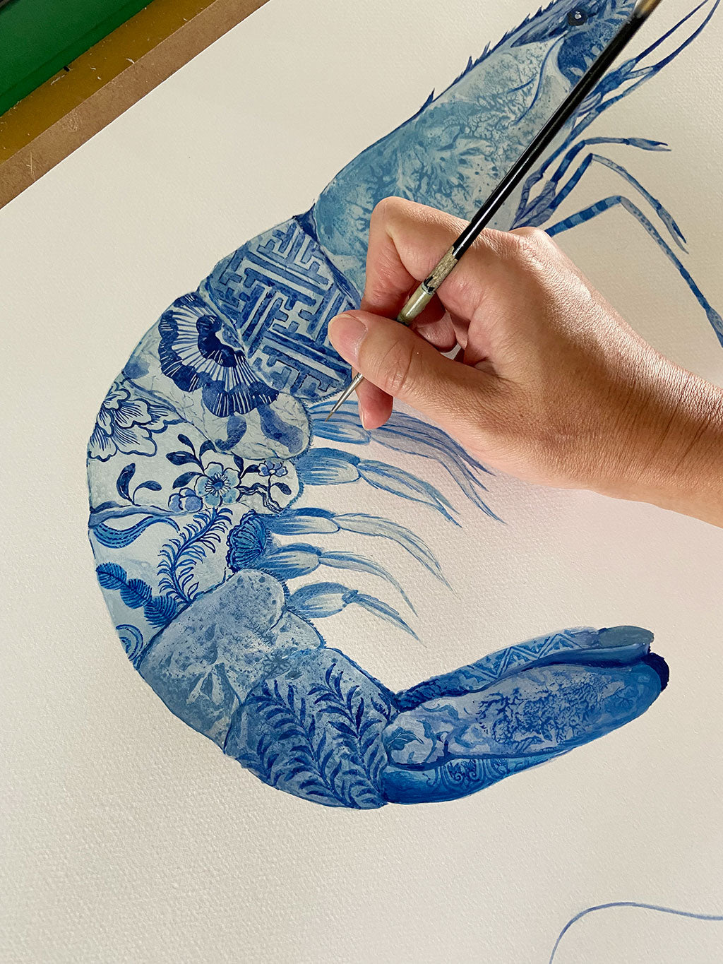 Prawn Painting by Chris Chun. Acrylic on Paper. Blue and White Chinoiserie Art. Coastal Style.