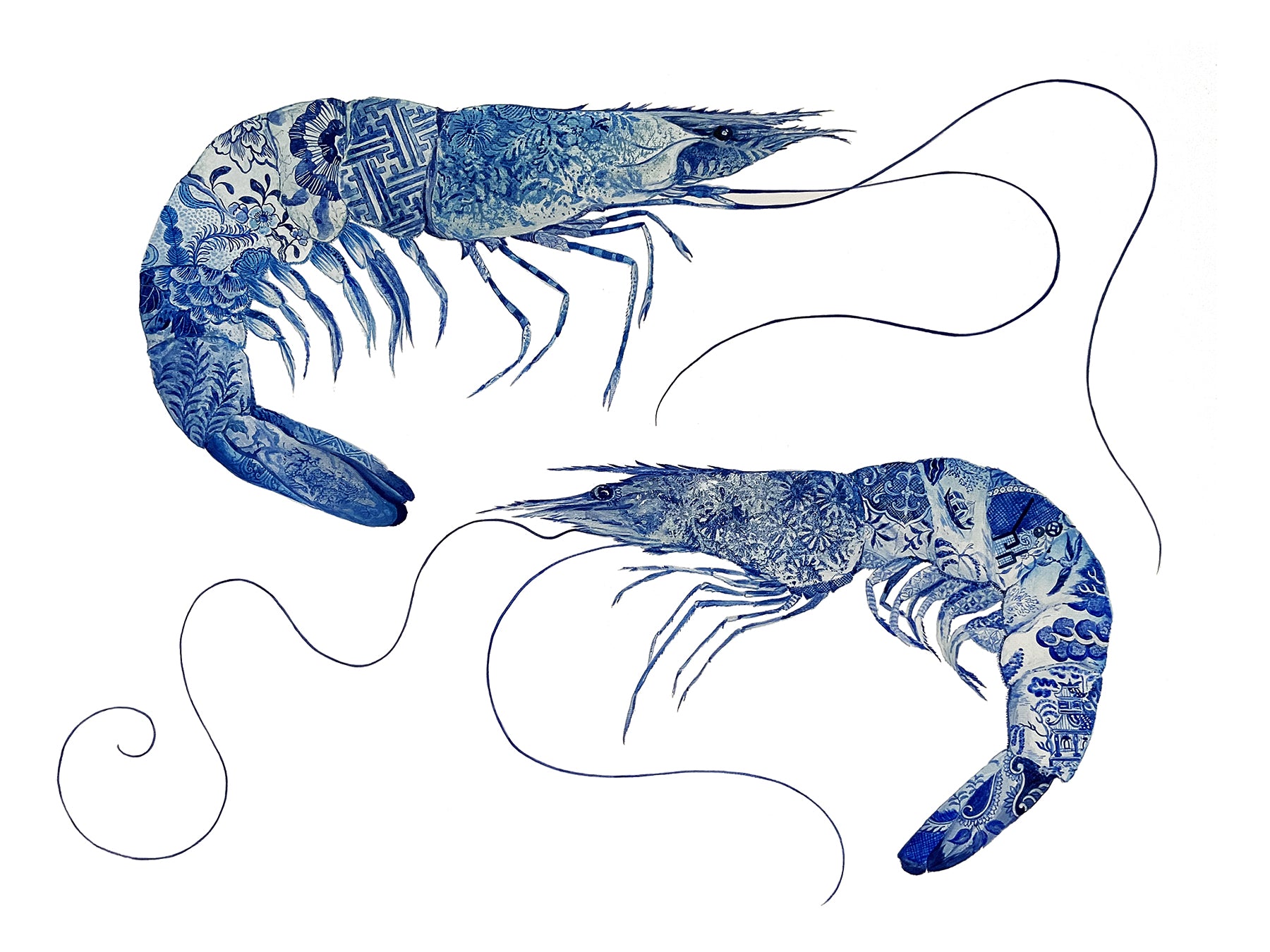 Prawn Painting by Chris Chun. Acrylic on Paper. Blue and White Chinoiserie Art. Coastal Style.