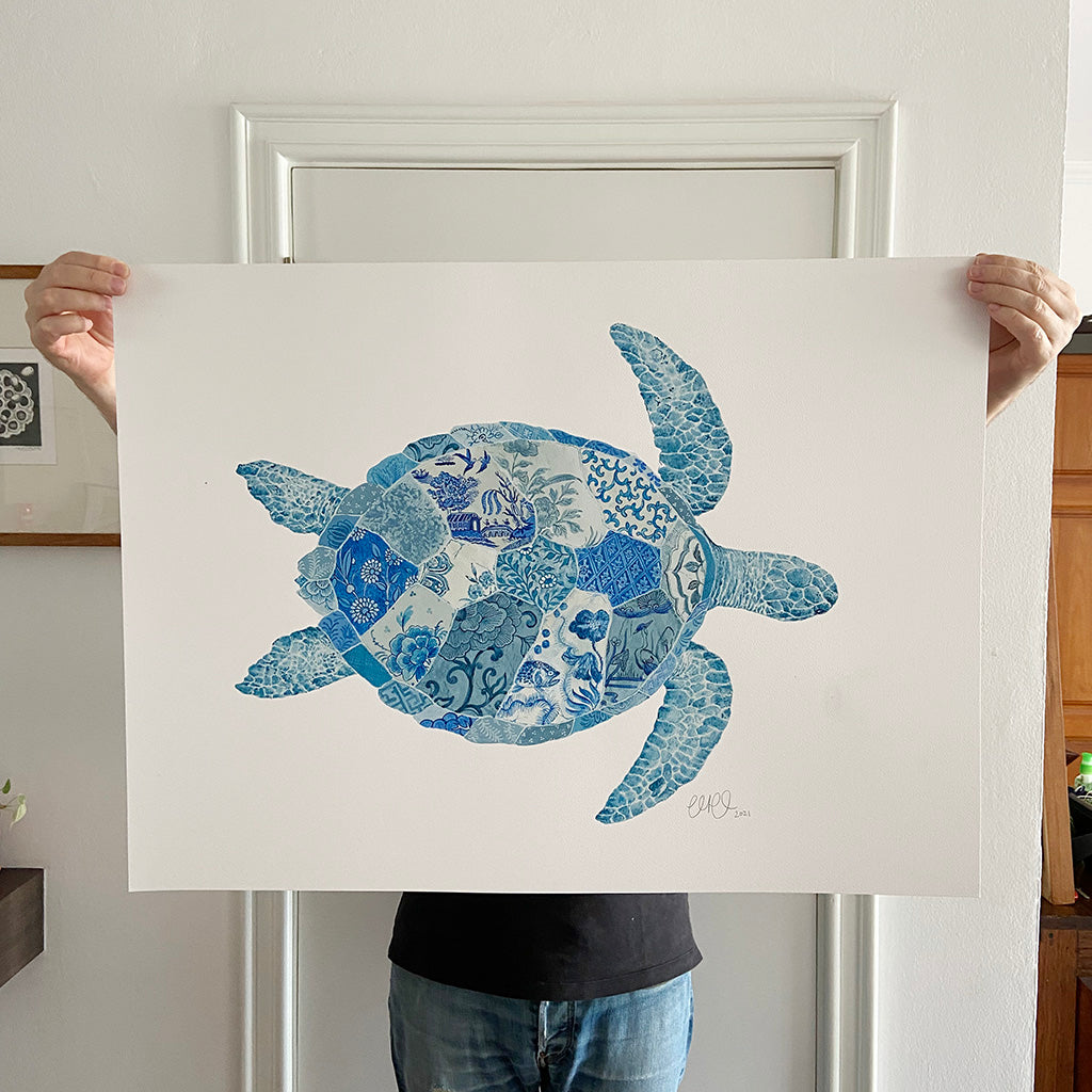 Turtle Painting by Chris Chun. Acrylic on Paper. Blue and White Chinoiserie Art. Coastal Style.