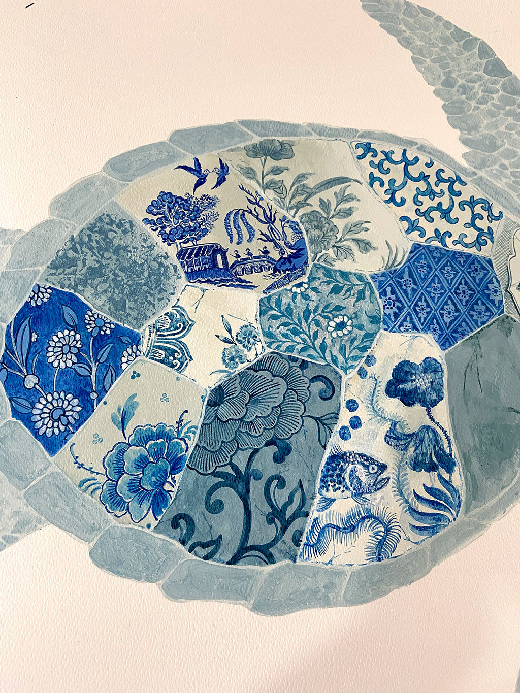 Turtle Painting by Chris Chun. Acrylic on Paper. Blue and White Chinoiserie Art. Coastal Style.