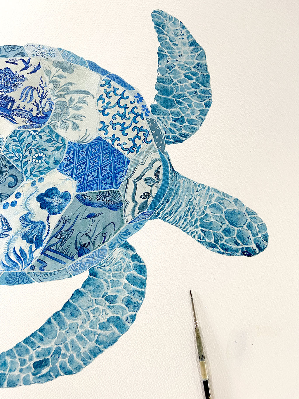 Turtle Painting by Chris Chun. Acrylic on Paper. Blue and White Chinoiserie Art. Coastal Style.