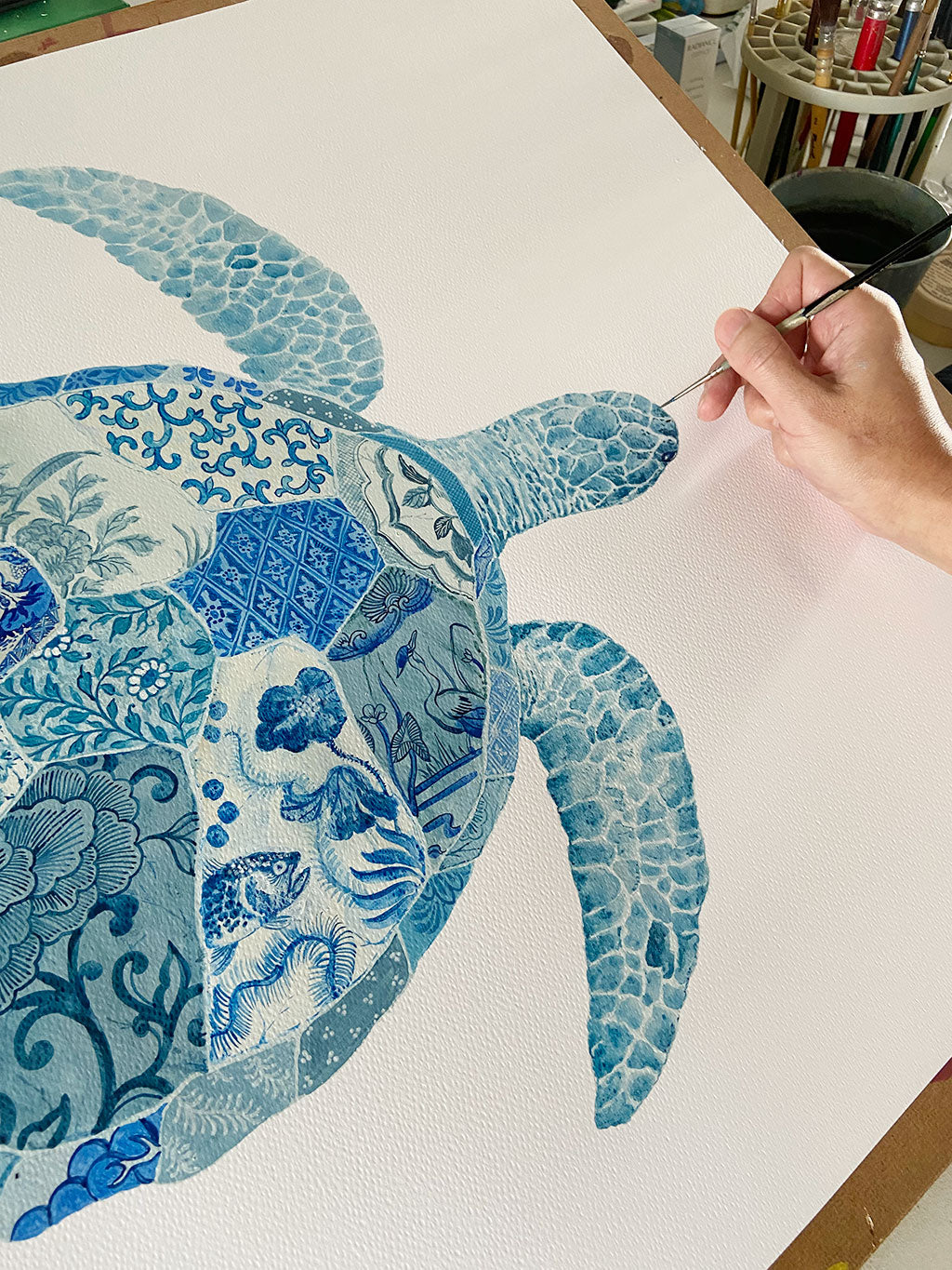 Turtle Painting by Chris Chun. Acrylic on Paper. Blue and White Chinoiserie Art. Coastal Style.