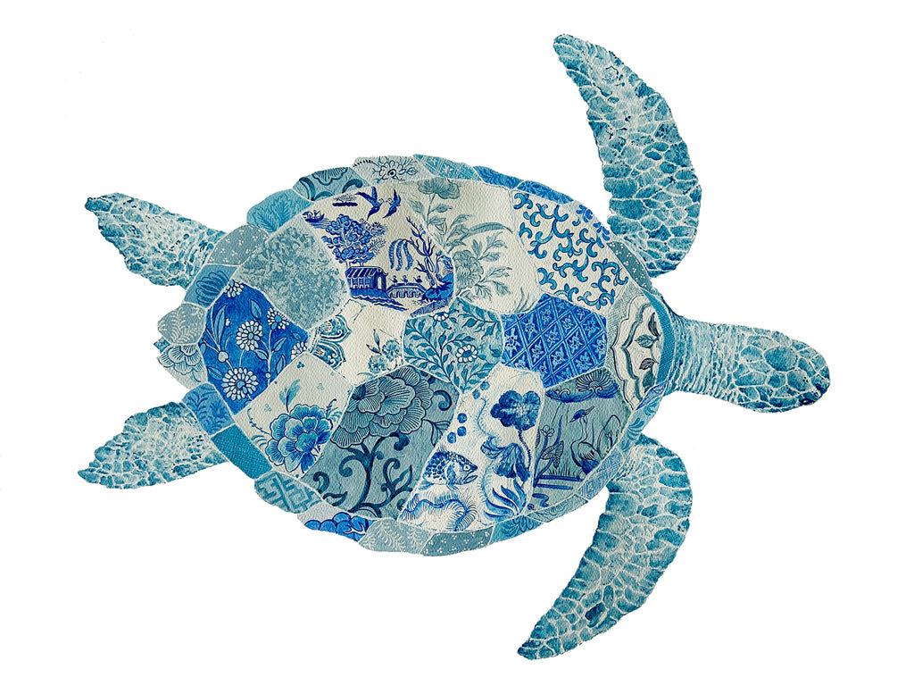Turtle Painting by Chris Chun. Acrylic on Paper. Blue and White Chinoiserie Art. Coastal Style.