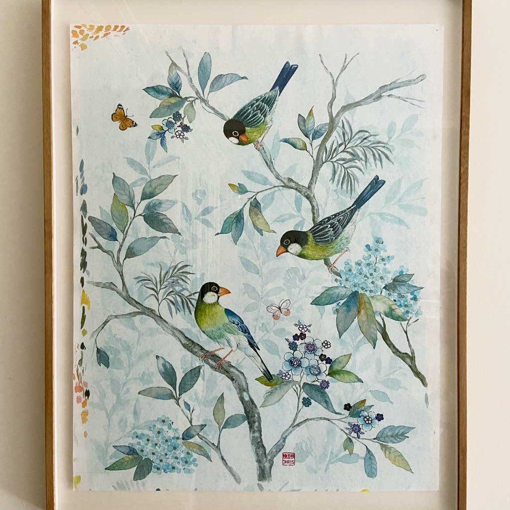 'Lanna Garden' Chinoiserie inspired Original Painting by Artist Chris Chun. Mixed Media on Awagami Paper.