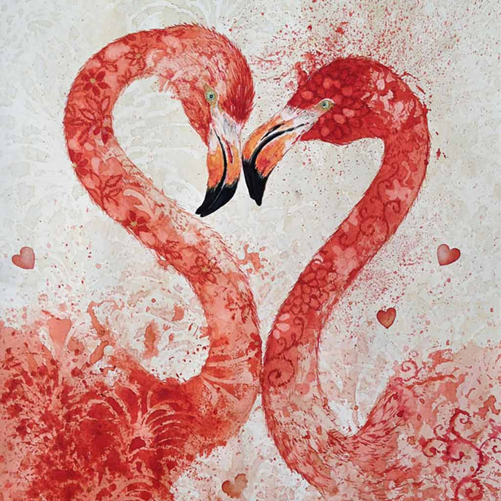 Pink Flamingo Original Painting by Artist Chris Chun. A pair of exquisitely detailed and vibrant flamingoes. Mixed Media on Paper.