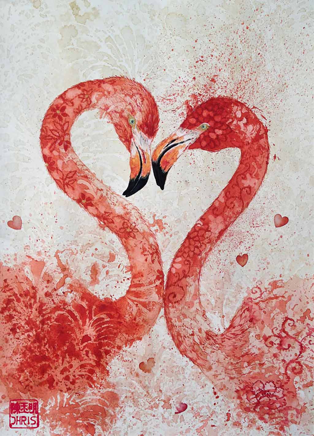 Pink Flamingo Original Painting by Artist Chris Chun. A pair of exquisitely detailed and vibrant flamingoes. Mixed Media on Paper.